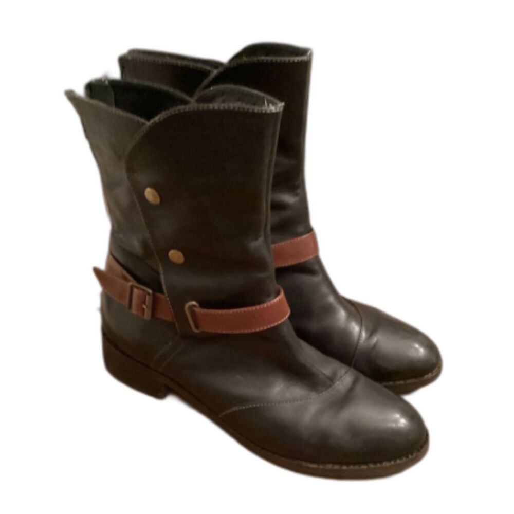 ANTHROPOLOGIE EVERYBODY BOOTS BY BZ MODA SIZE 39.5 BELTED LEATHER MOTO BOOTS